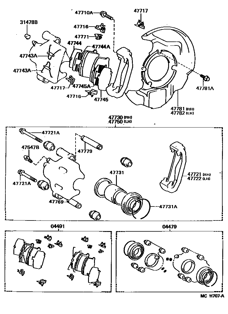 Toyota CAMRY 前盘式制动器卡钳和防尘罩 EPC diagram — MCH707A