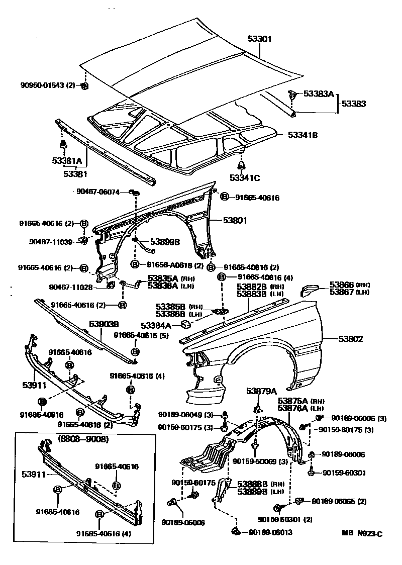 Toyota CAMRY 发动机盖和前翼子板 EPC diagram — MBN923C