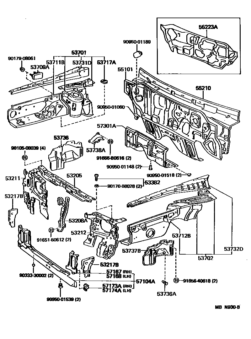 Toyota CAMRY 前翼子板挡泥板和前围板 EPC diagram — MBN930B