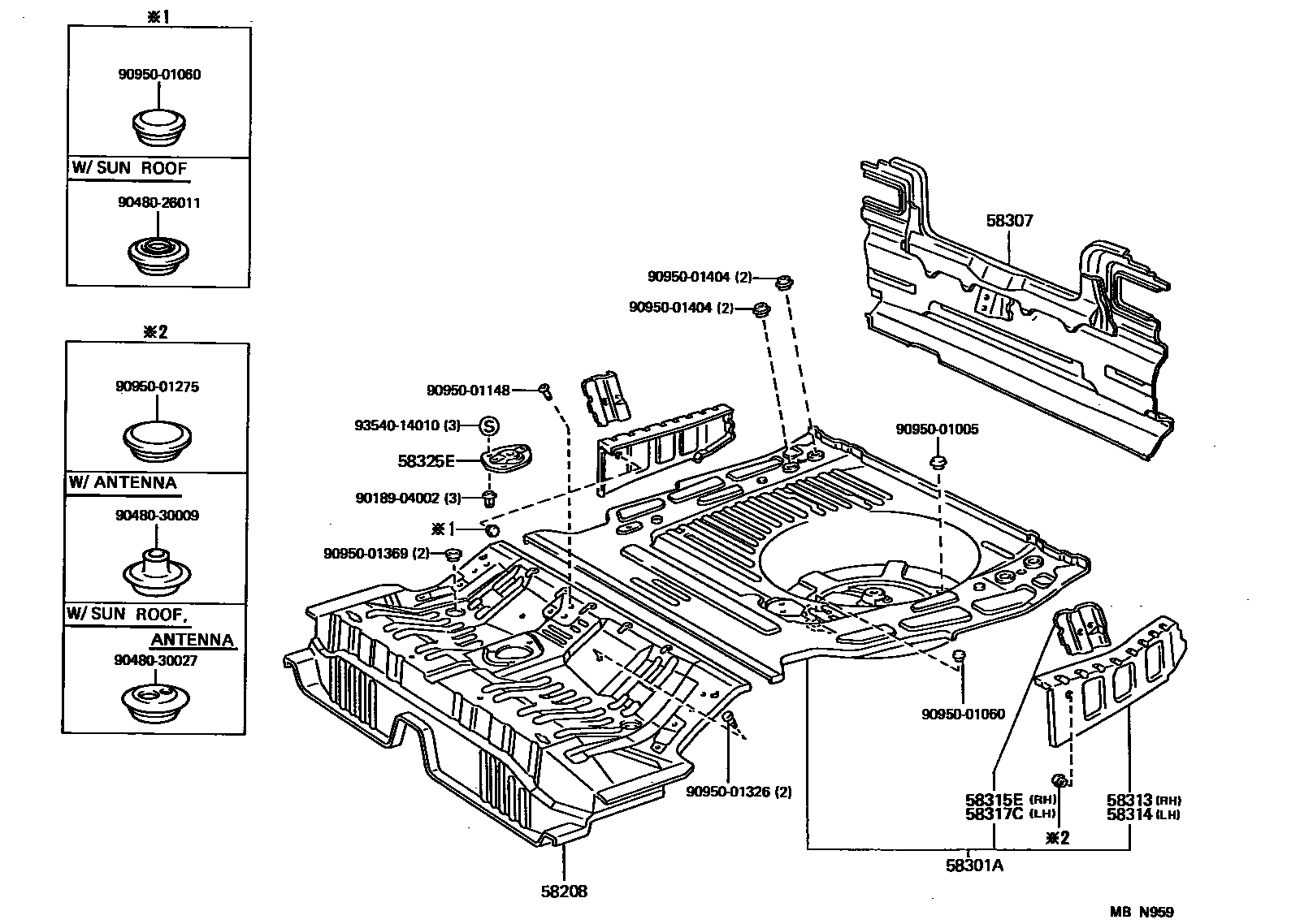 Toyota CAMRY 浅盘形地板和车身下背板 EPC diagram — MBN959