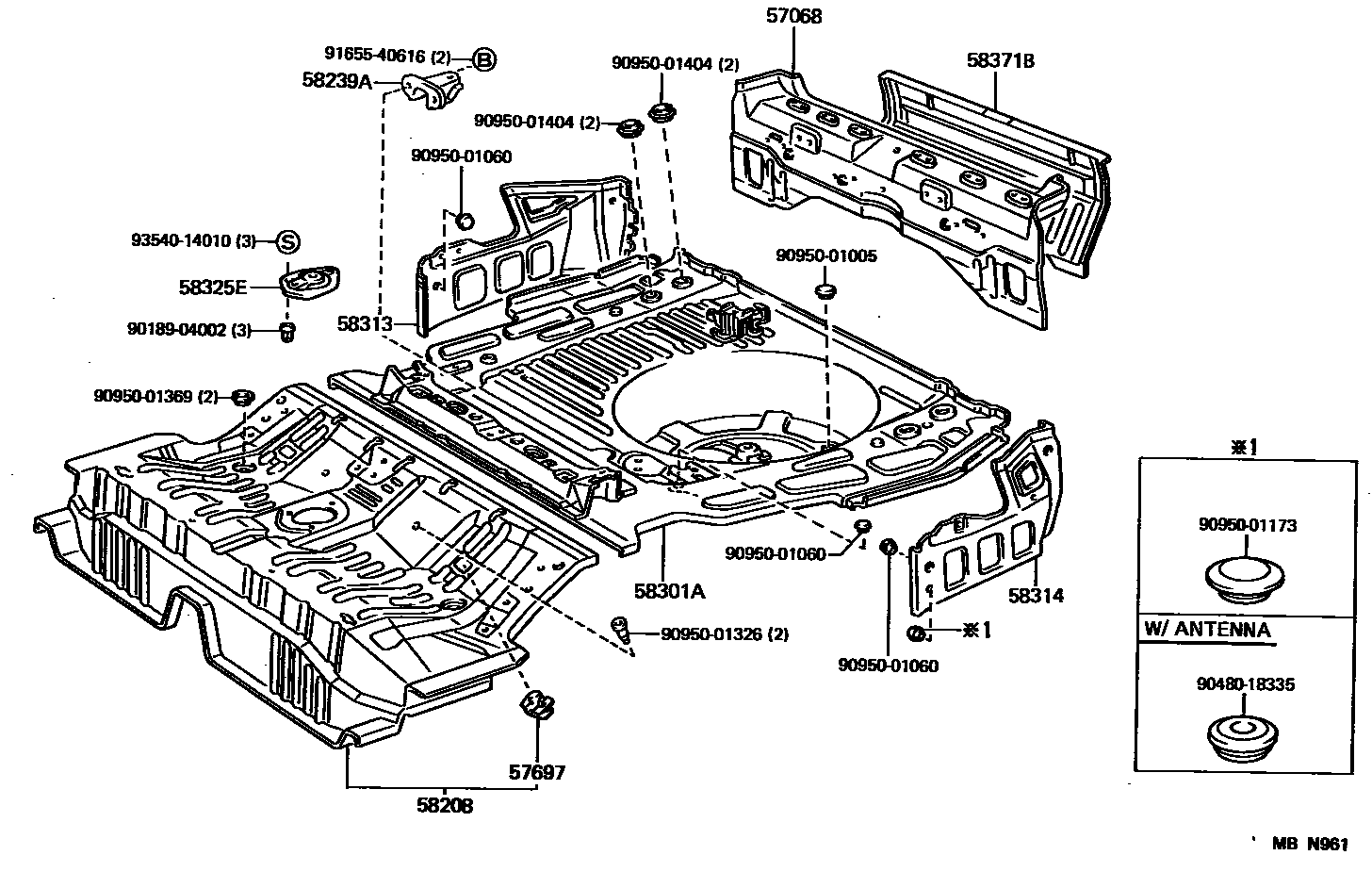 Toyota CAMRY 浅盘形地板和车身下背板 EPC diagram — MBN961