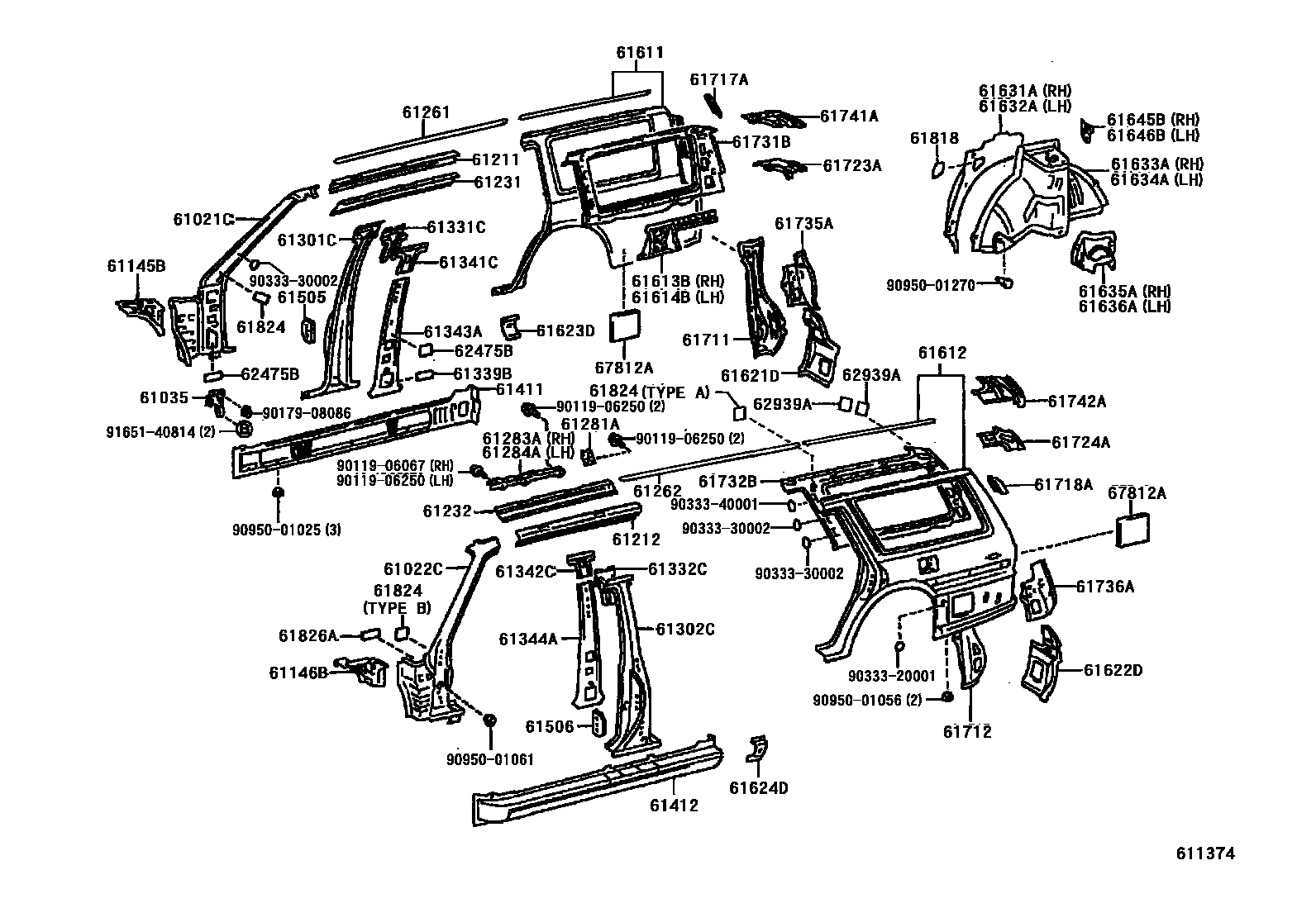 Toyota CAMRY 侧梁 EPC diagram — 611374