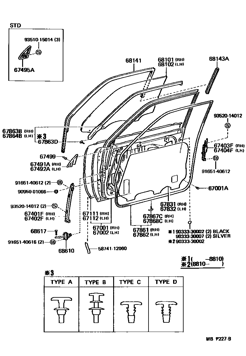 Toyota CAMRY 前门板和前门玻璃 EPC diagram — MBP227B