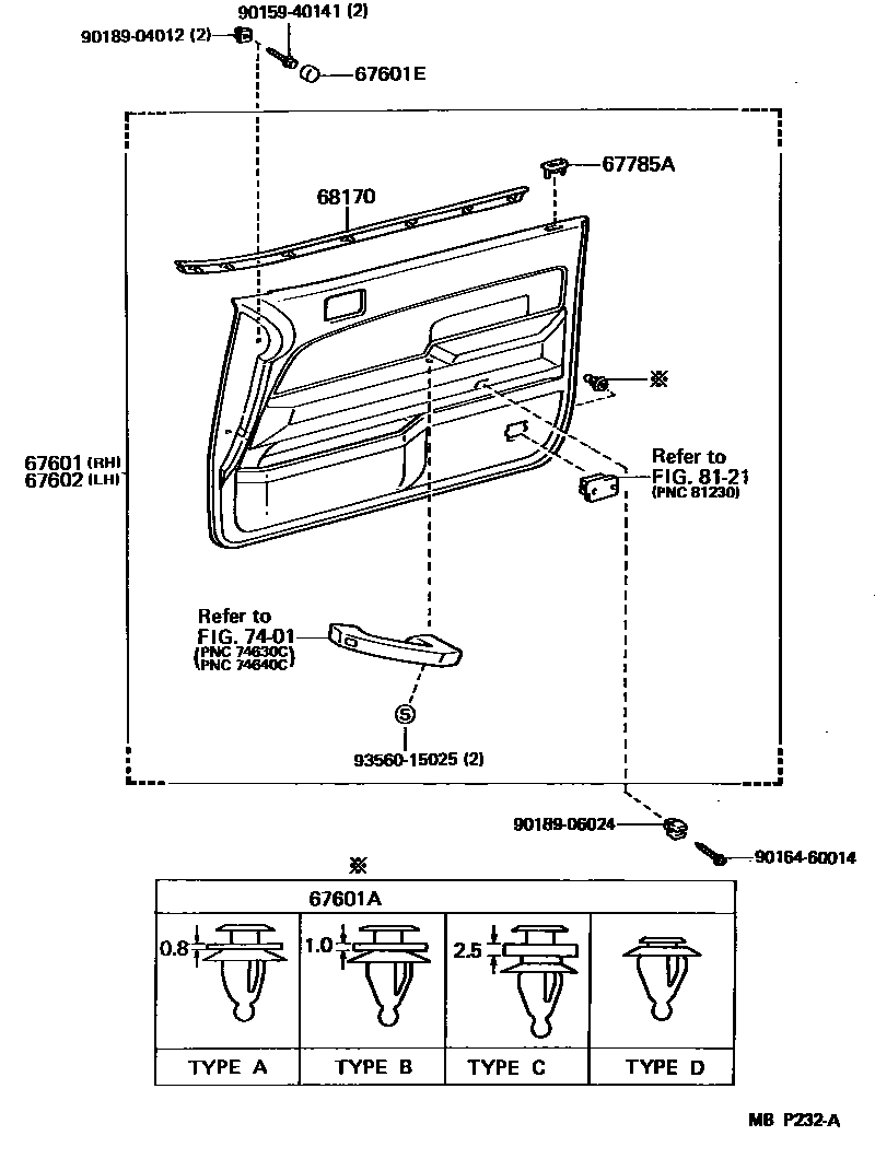 Toyota CAMRY 前门板和前门玻璃 EPC diagram — MBP232A