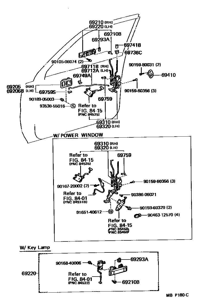 Toyota CAMRY 前门锁和车门把手 EPC diagram — MBP180C