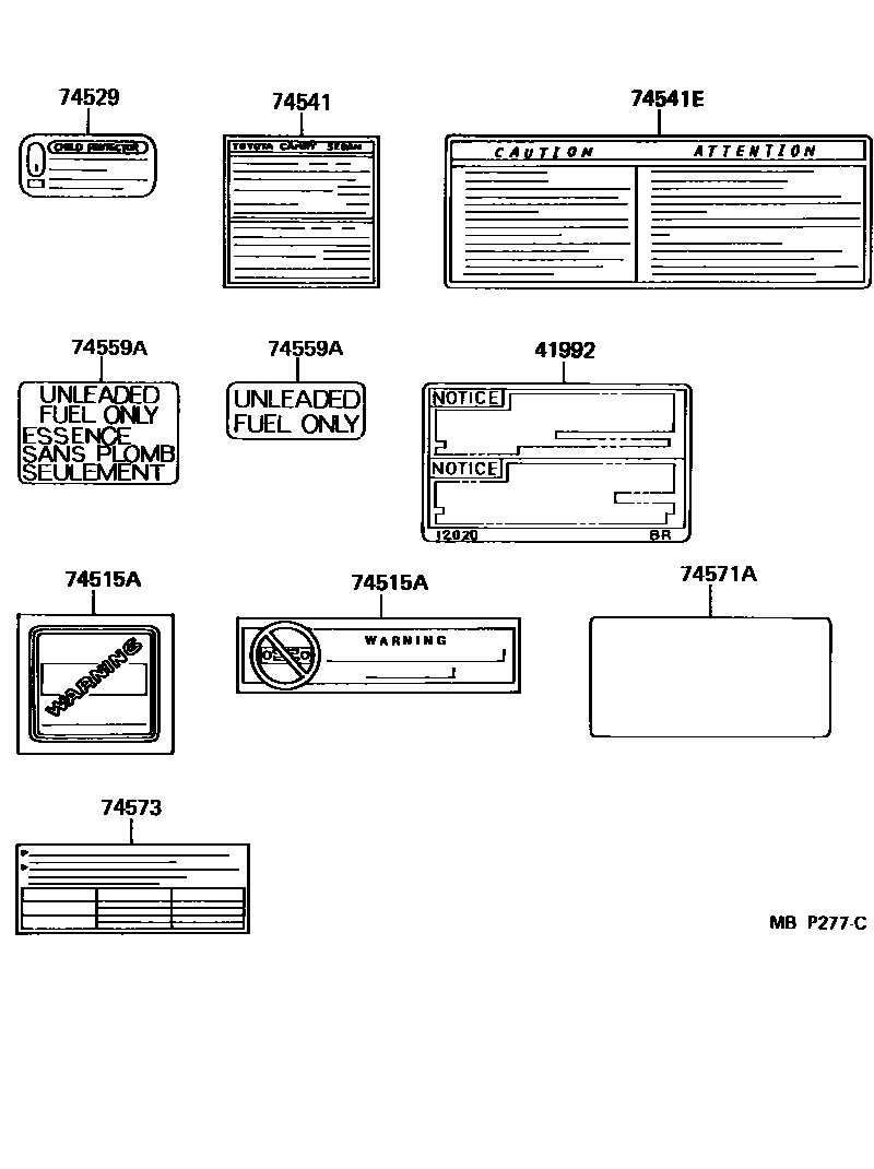 Toyota CAMRY 警示铭牌(车外和车内) EPC diagram — MBP277C