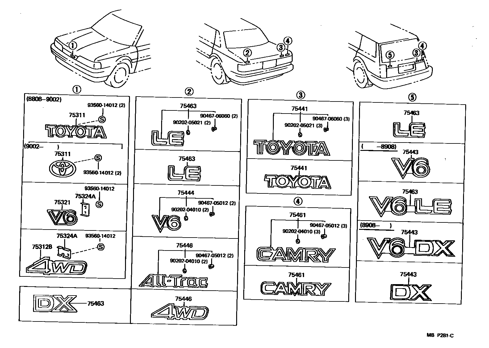 Toyota CAMRY 丰田徽标和铭牌(车外和车内) EPC diagram — MBP281C