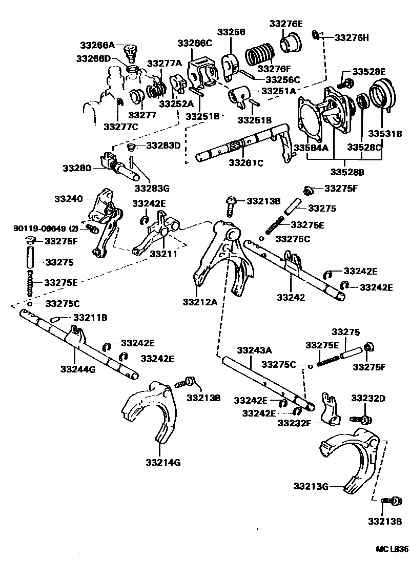 Toyota CAMRY 换档拨叉和换档杆轴(MTM) EPC diagram — MCL835