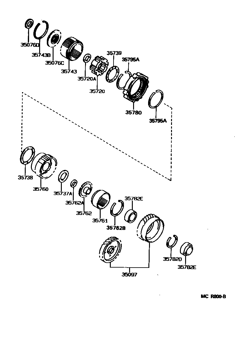 Toyota CAMRY 行星齿轮、倒档活塞和中间轴齿轮(ATM) EPC diagram — MCR800B