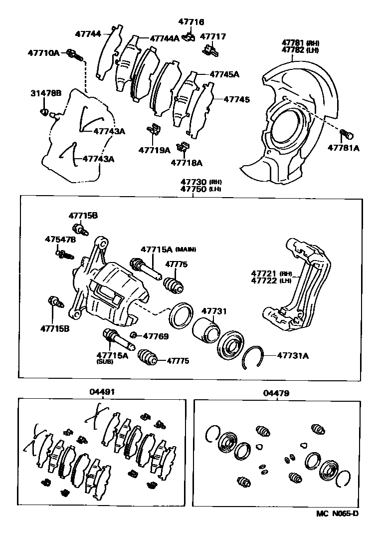 Toyota CAMRY 前盘式制动器卡钳和防尘罩 EPC diagram — MCN065D