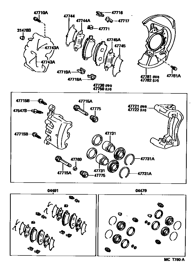 Toyota CAMRY 前盘式制动器卡钳和防尘罩 EPC diagram — MCT760A