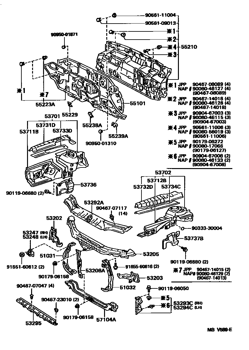 Toyota CAMRY 前翼子板挡泥板和前围板 EPC diagram — MBV589E