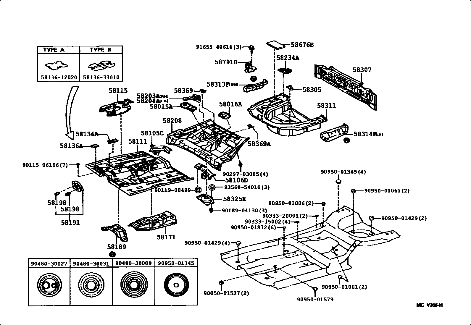 Toyota CAMRY 浅盘形地板和车身下背板 EPC diagram — 584043