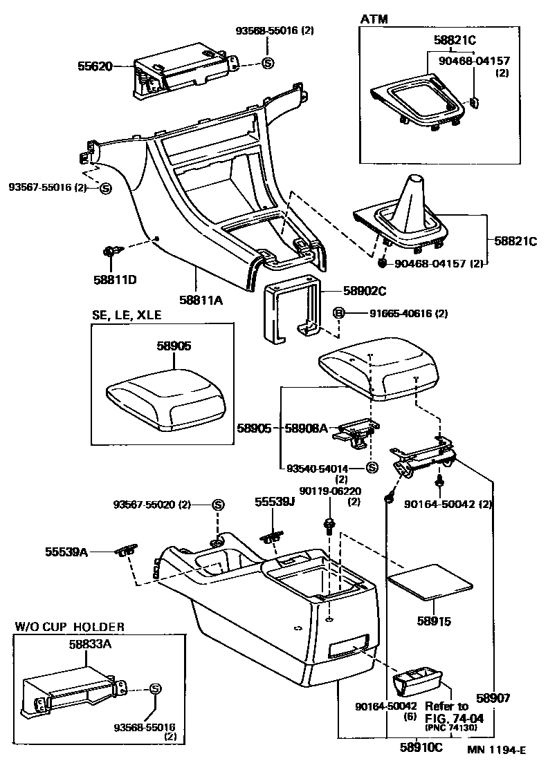 Toyota CAMRY 中央扶手箱和支架 EPC diagram — MN1194E