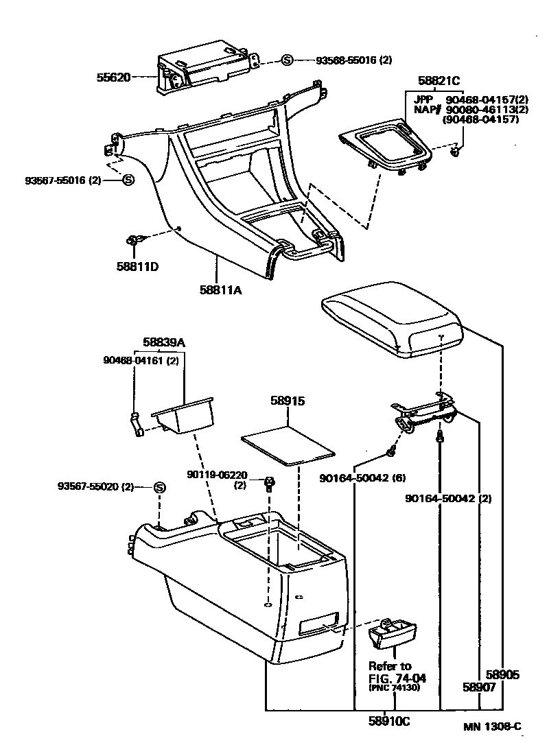 Toyota CAMRY 中央扶手箱和支架 EPC diagram — MN1308C