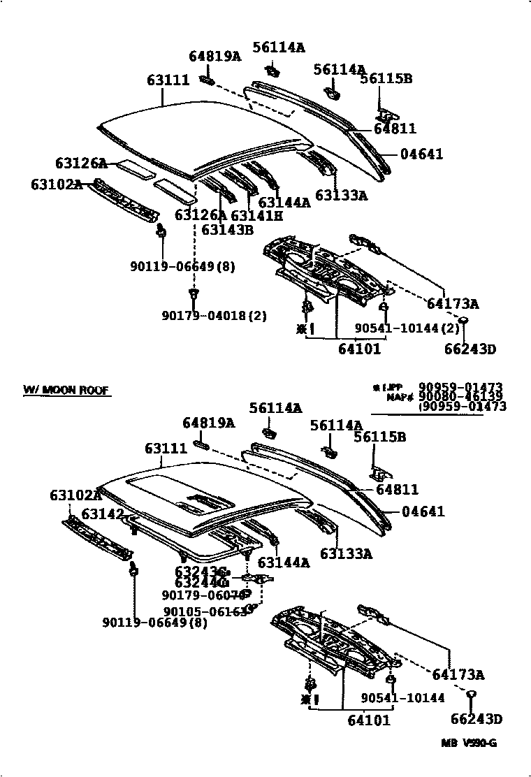 Toyota CAMRY 天窗板和背窗玻璃 EPC diagram — 613839