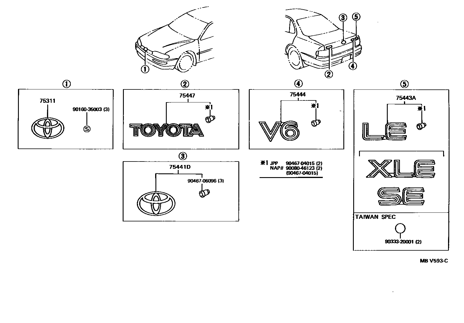 Toyota CAMRY 丰田徽标和铭牌(车外和车内) EPC diagram — MBV593C