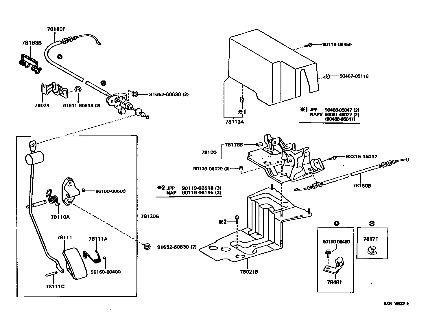 Toyota CAMRY accelerator pedal connecting rod EPC diagram — MBV632E
