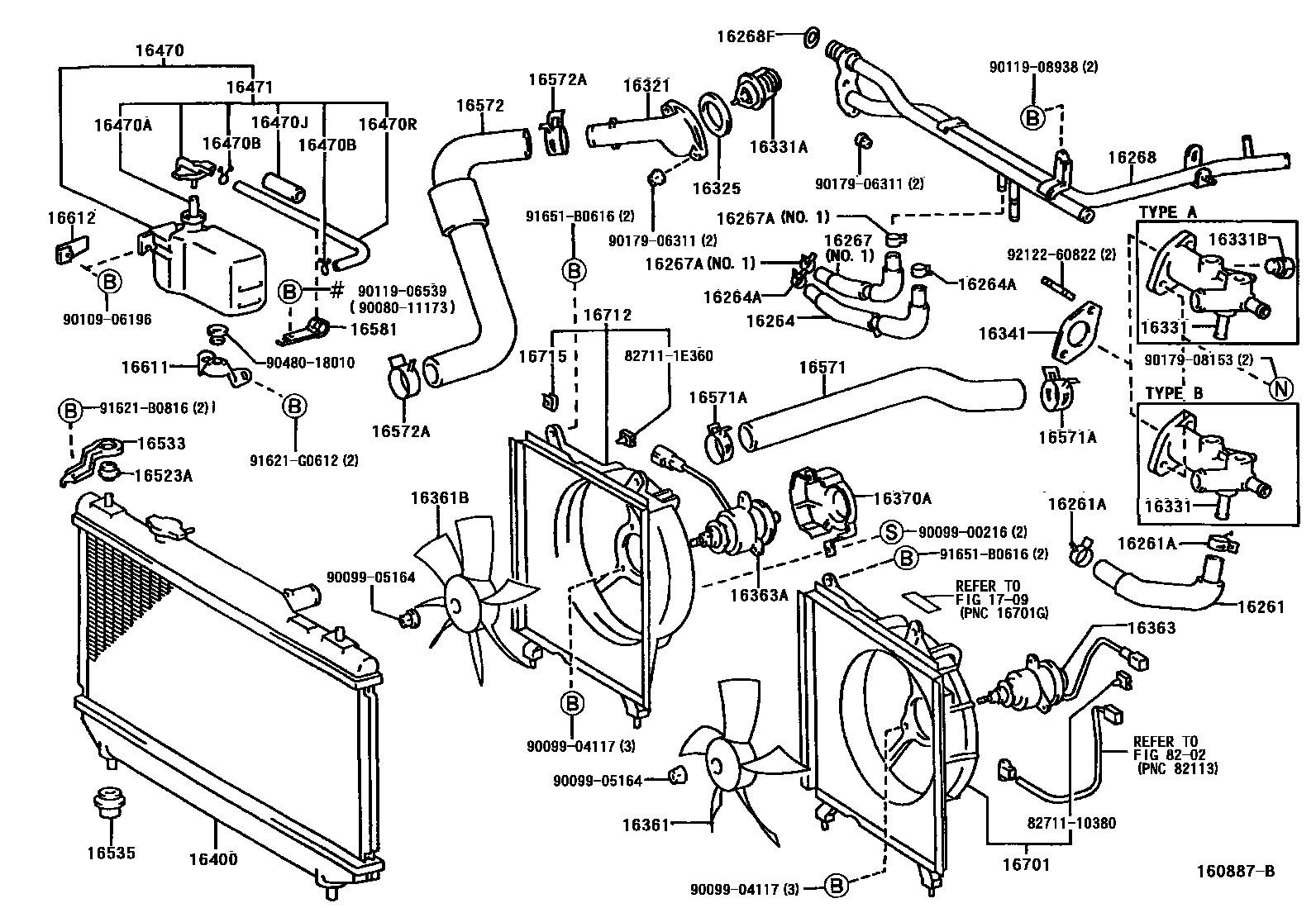 Toyota CAMRY RADIATOR & WATER OUTLET EPC diagram — 160887B