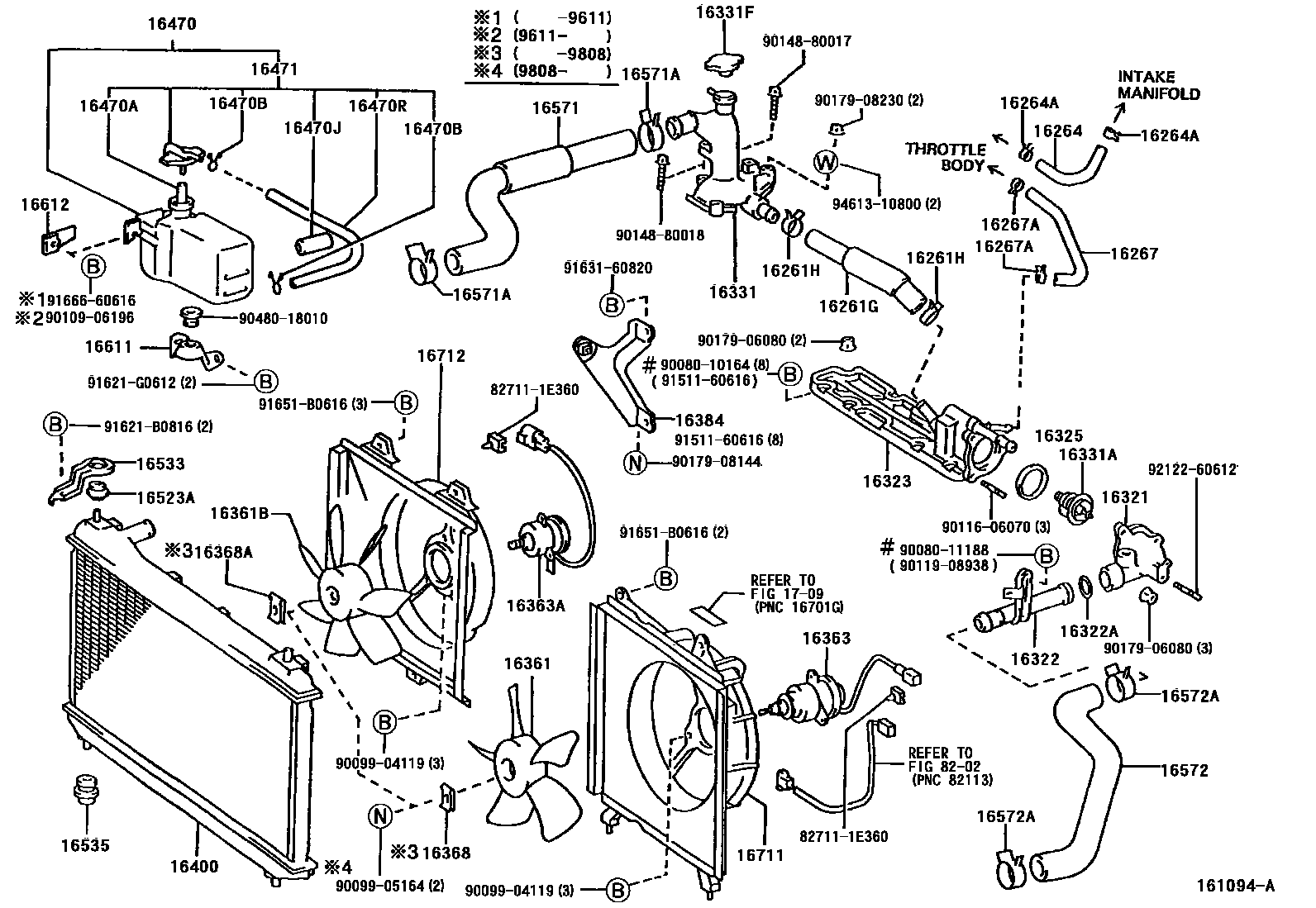 Toyota CAMRY RADIATOR & WATER OUTLET EPC diagram — 161094A