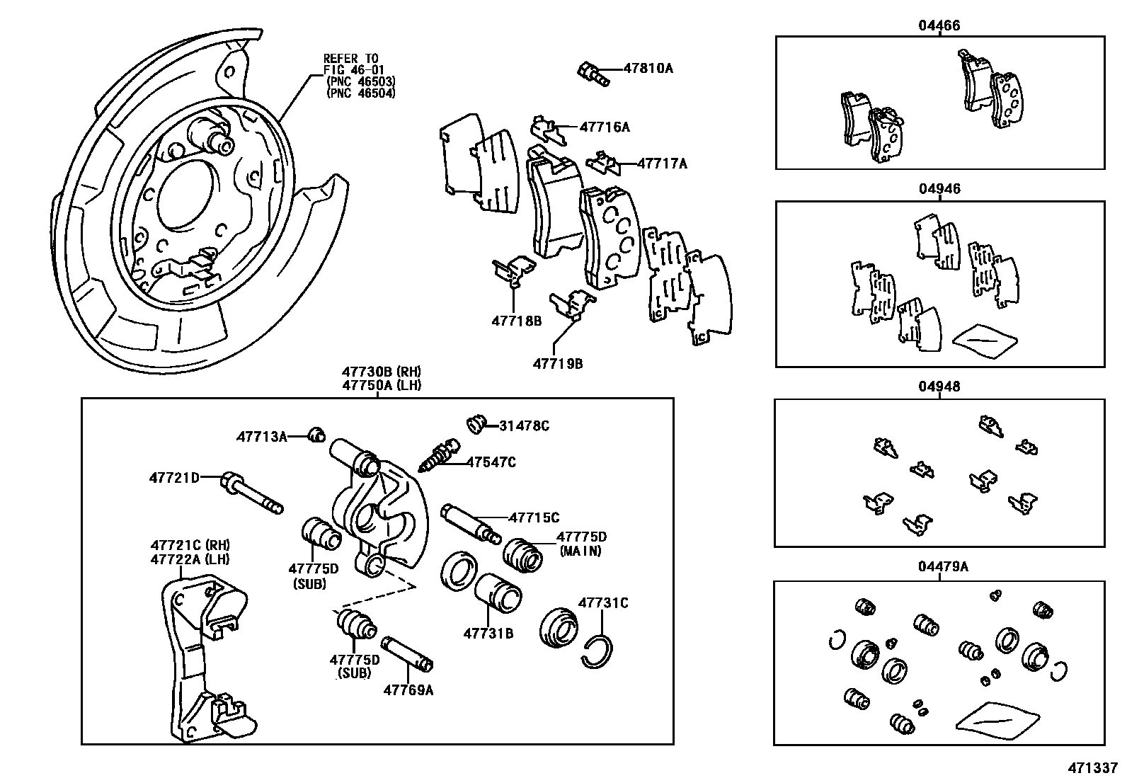 Toyota CAMRY 后盘式制动器卡钳和防尘罩 EPC diagram — 471337