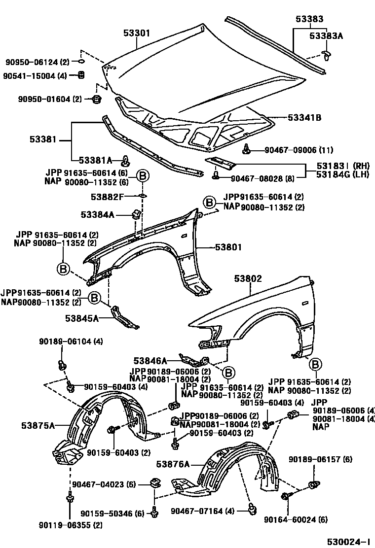 Toyota CAMRY 发动机盖和前翼子板 EPC diagram — 530024I