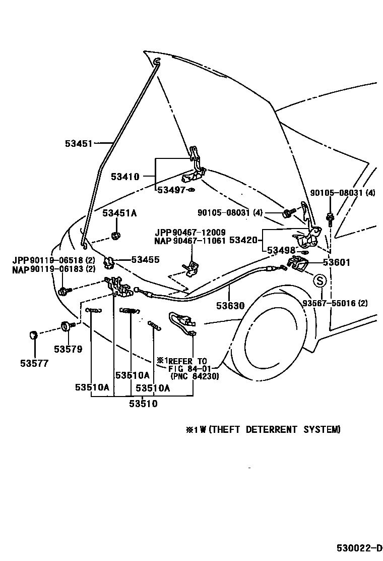 Toyota CAMRY 发动机盖锁和铰链 EPC diagram — 530022D