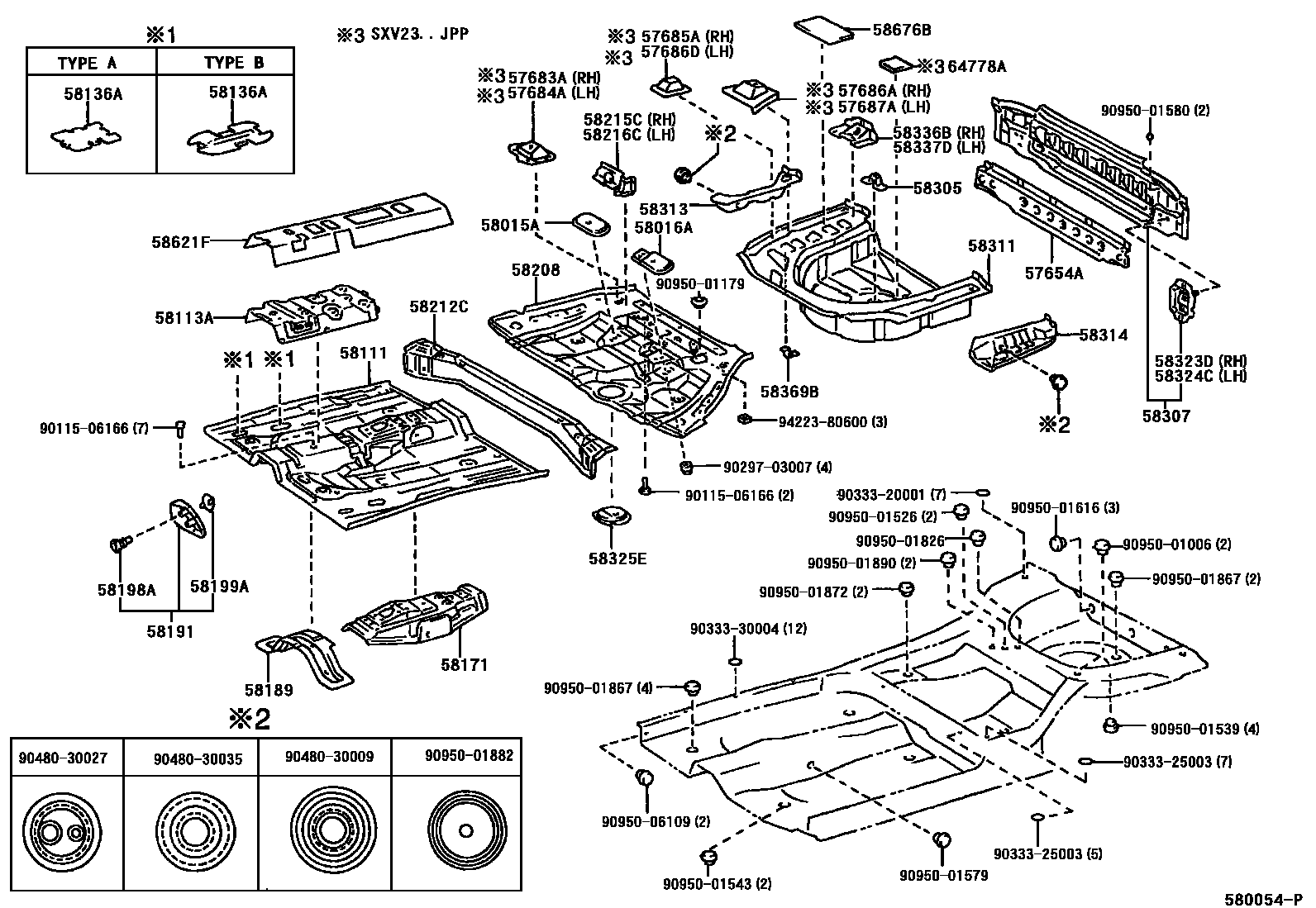 Toyota CAMRY 浅盘形地板和车身下背板 EPC diagram — 580054P