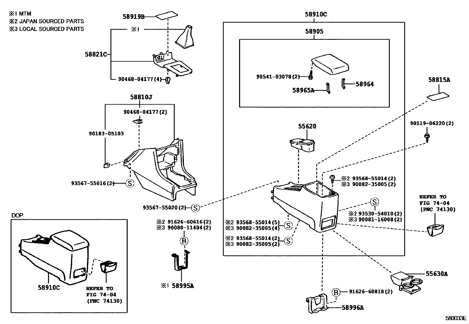 Toyota CAMRY 中央扶手箱和支架 EPC diagram — 580033E