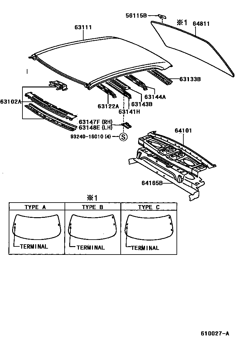 Toyota CAMRY 天窗板和背窗玻璃 EPC diagram — 610027A