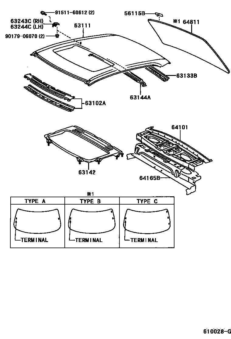 Toyota CAMRY 天窗板和背窗玻璃 EPC diagram — 610028G