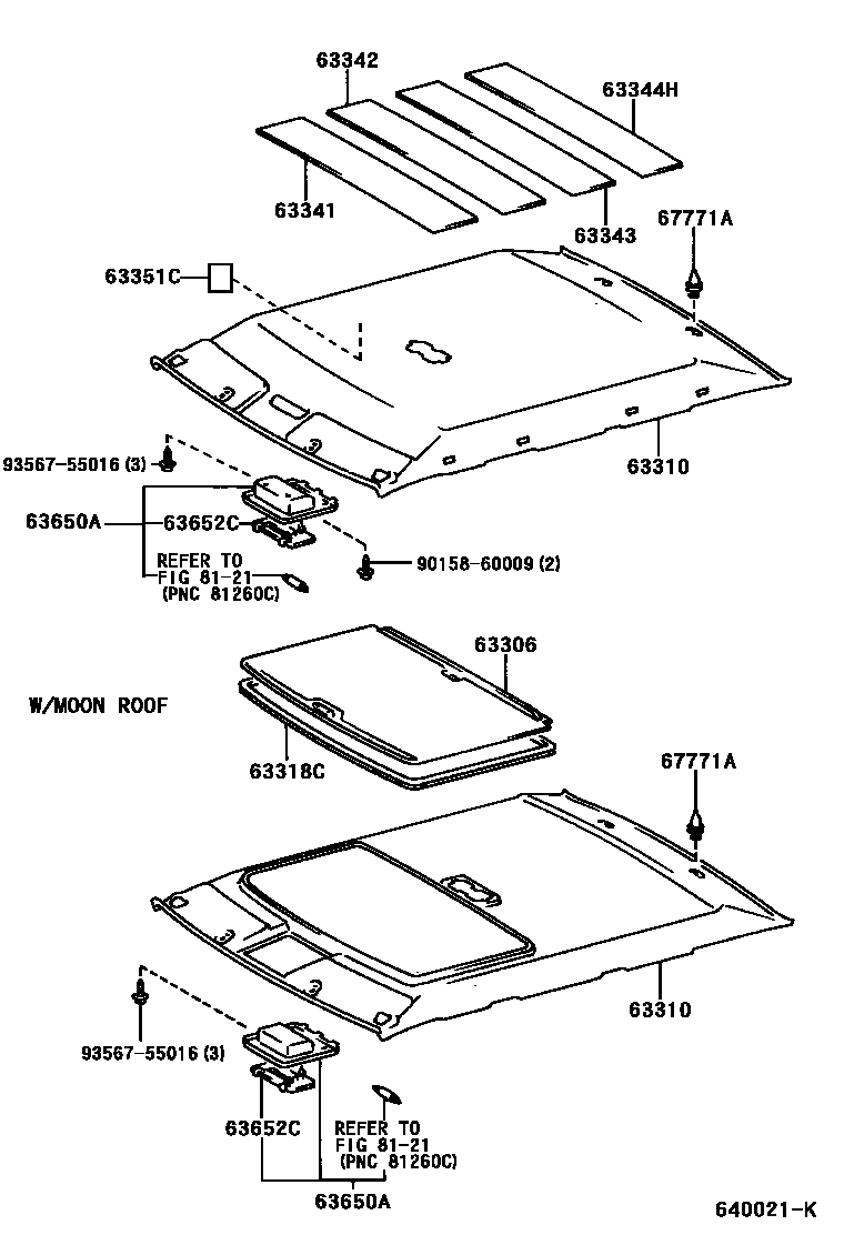 Toyota CAMRY 车顶内衬和消声垫 EPC diagram — 640021K