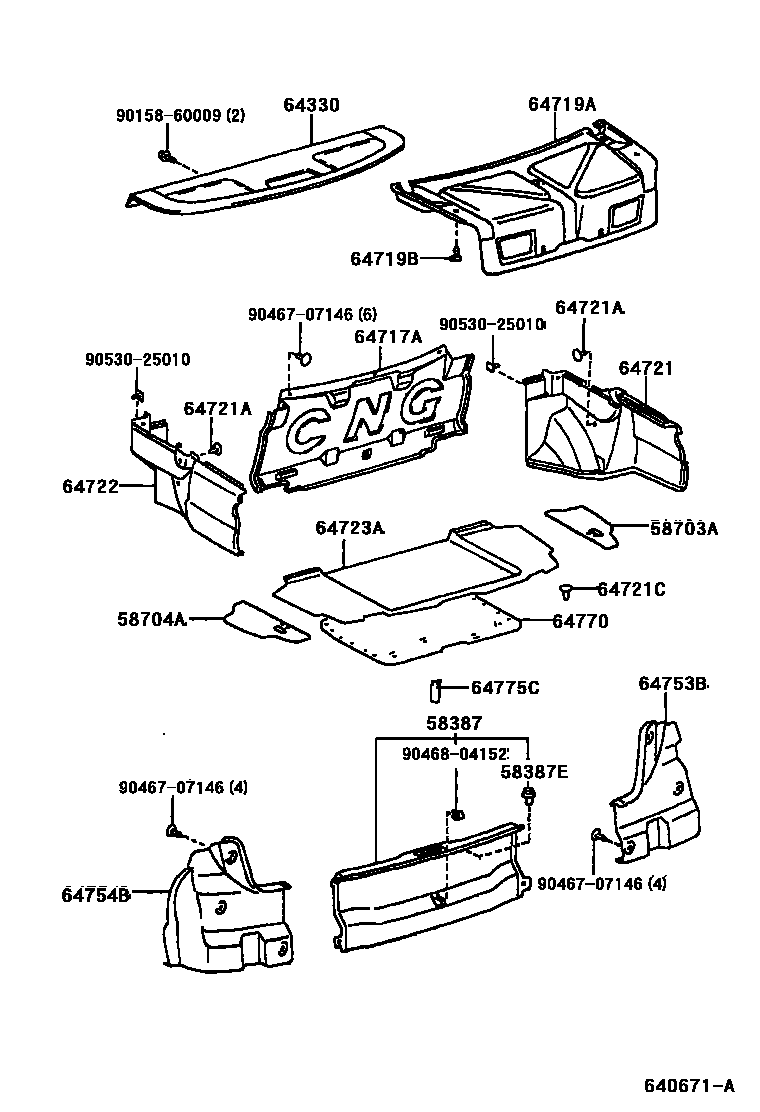 Toyota CAMRY 杂物箱板和行李箱垫 EPC diagram — 640671A
