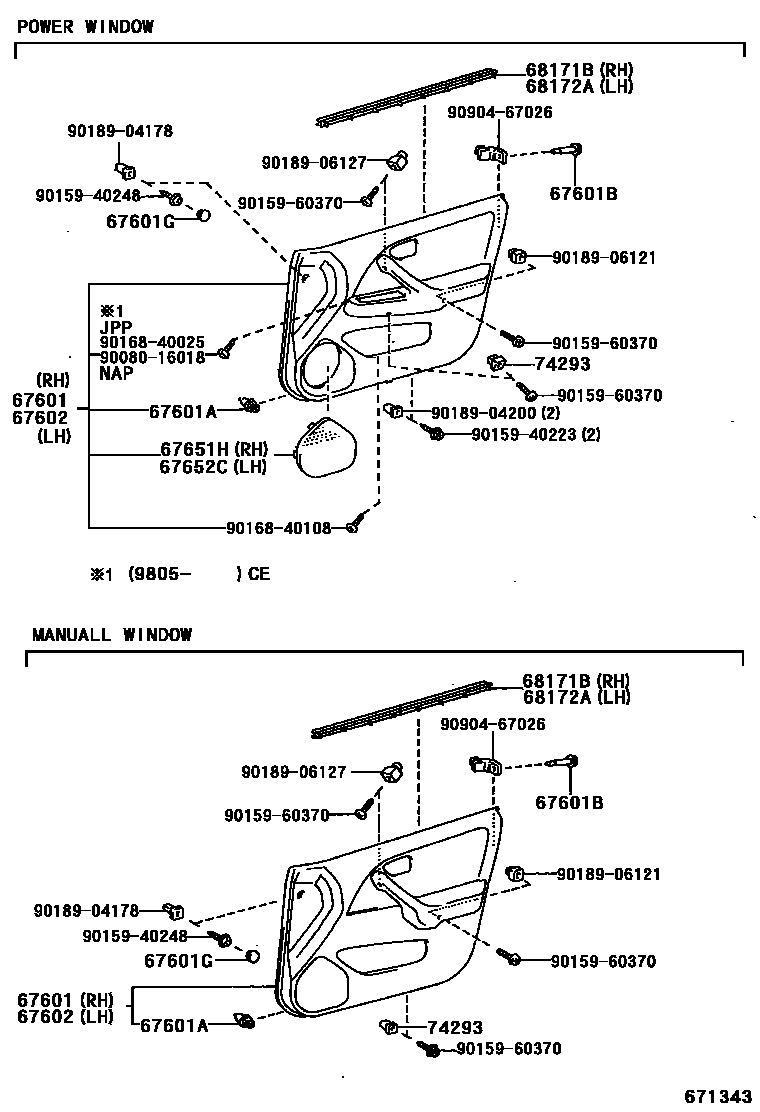 Toyota CAMRY 前门板和前门玻璃 EPC diagram — 671343