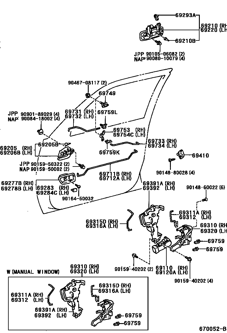 Toyota CAMRY 前门锁和车门把手 EPC diagram — 670052B