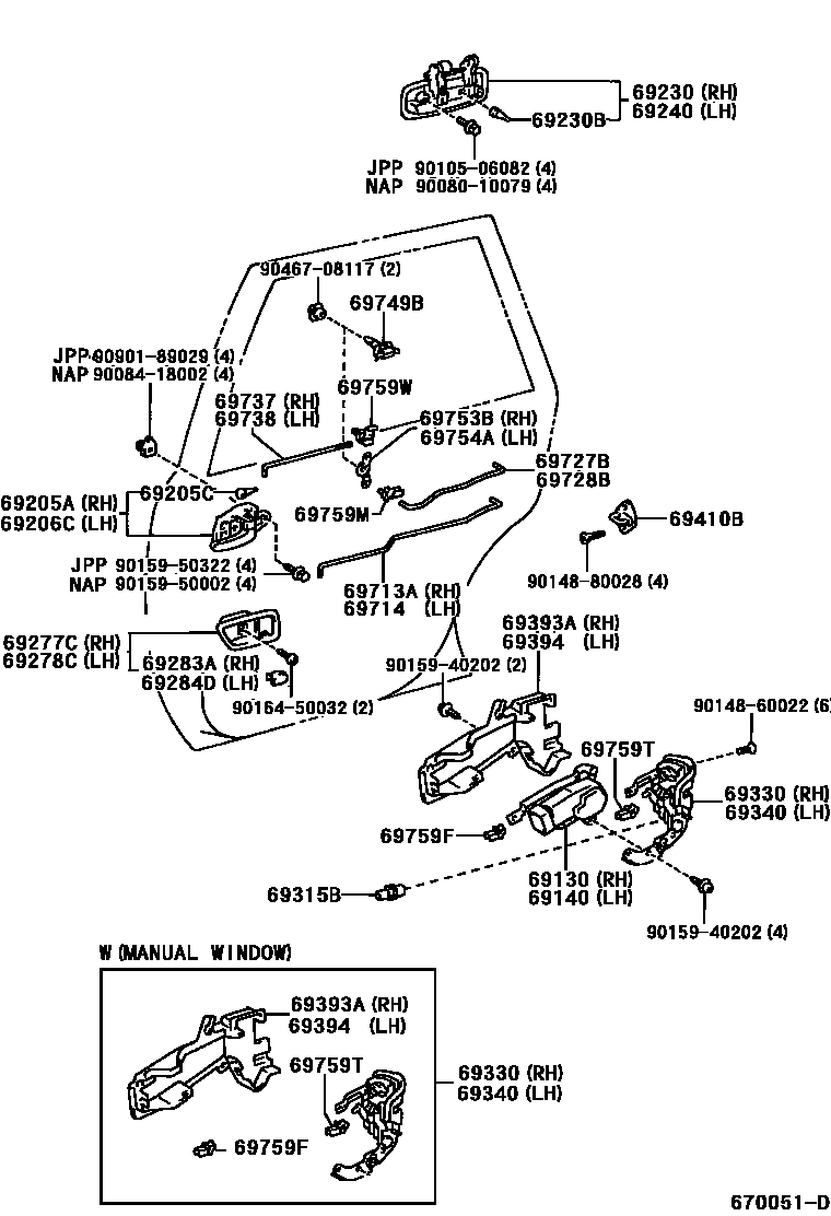 Toyota CAMRY 后门锁和后门把手 EPC diagram — 670051D