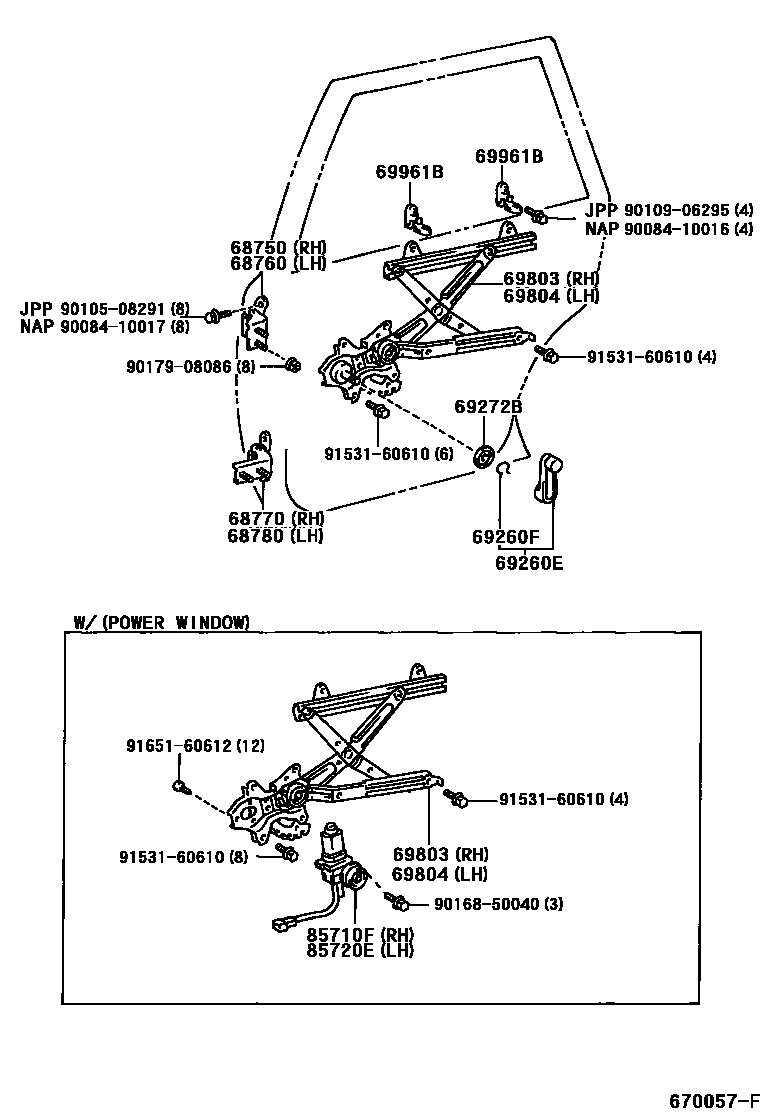 Toyota CAMRY 后门车窗升降器和合页 EPC diagram — 670057F