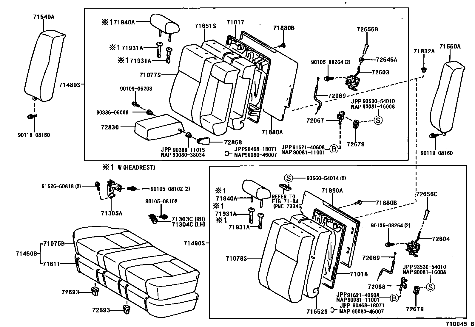 Toyota CAMRY 后排座椅和座椅滑轨 EPC diagram — 710045B