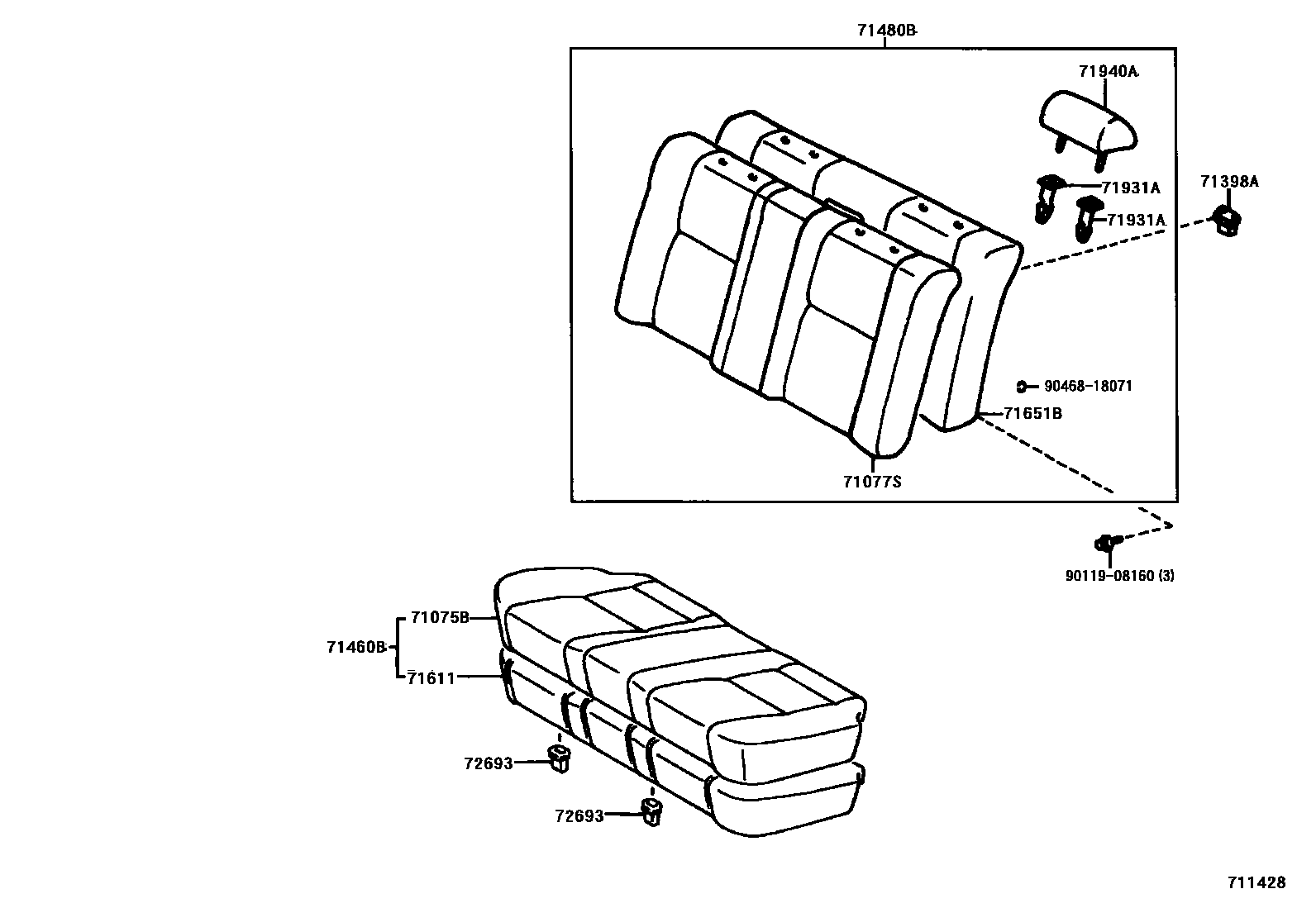 Toyota CAMRY 后排座椅和座椅滑轨 EPC diagram — 711428