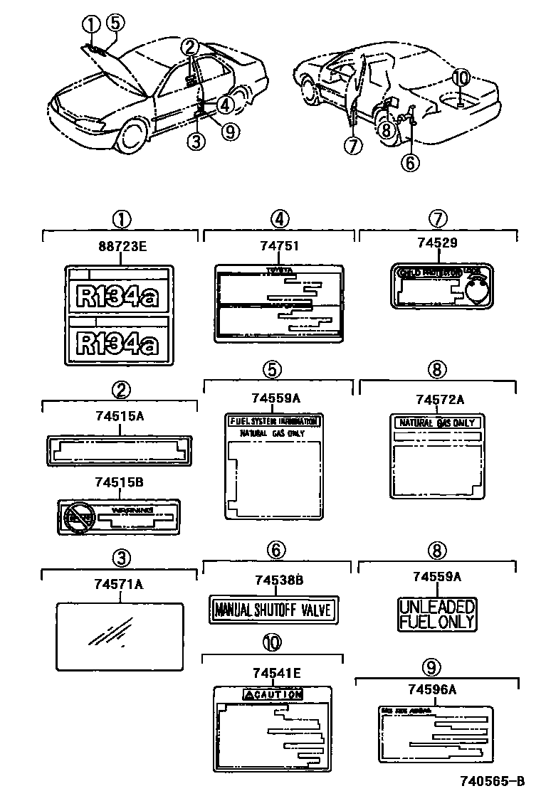 Toyota CAMRY 警示铭牌(车外和车内) EPC diagram — 740565B