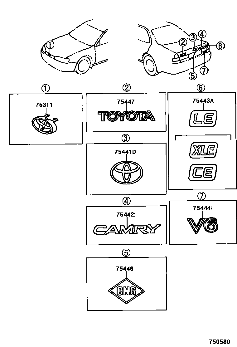 Toyota CAMRY 丰田徽标和铭牌(车外和车内) EPC diagram — 750580