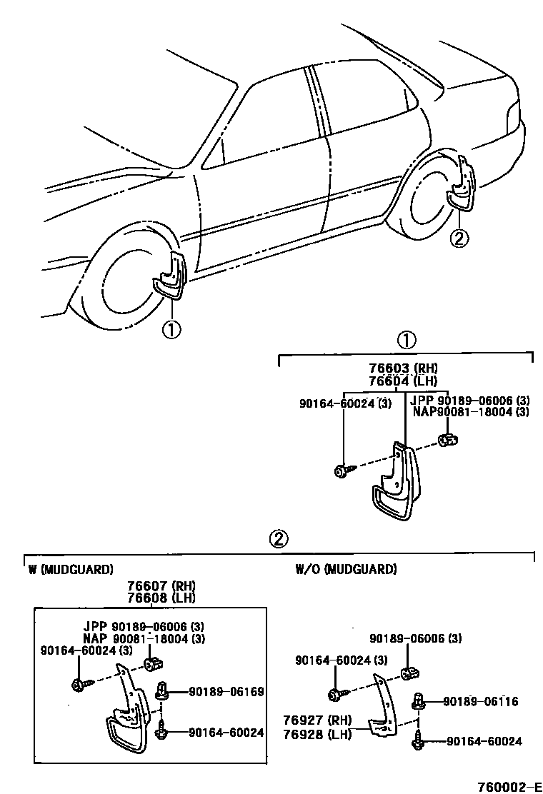 Toyota CAMRY 挡泥板和扰流板 EPC diagram — 760002E