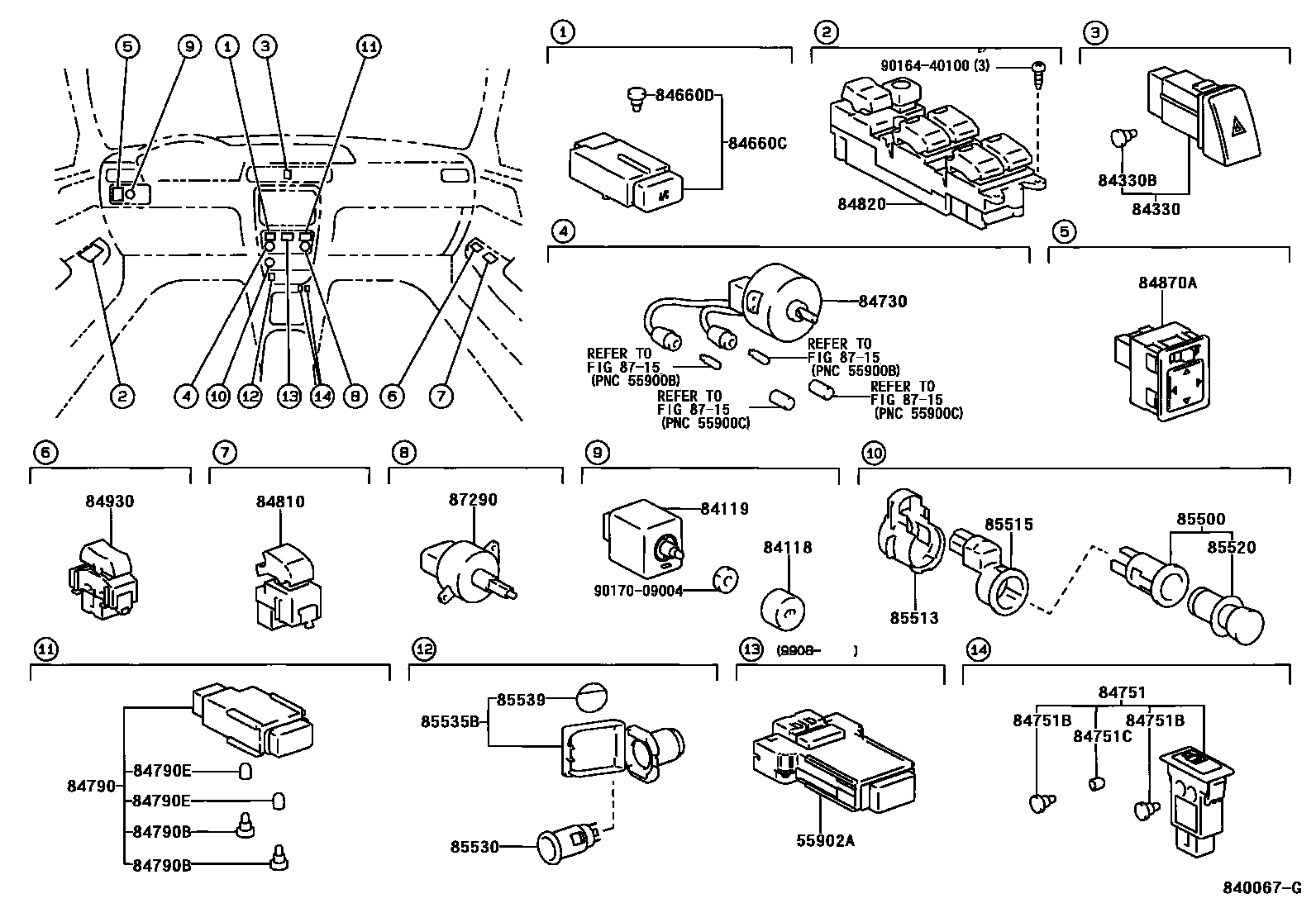 Toyota CAMRY 开关和继电器和ECU EPC diagram — 840067G