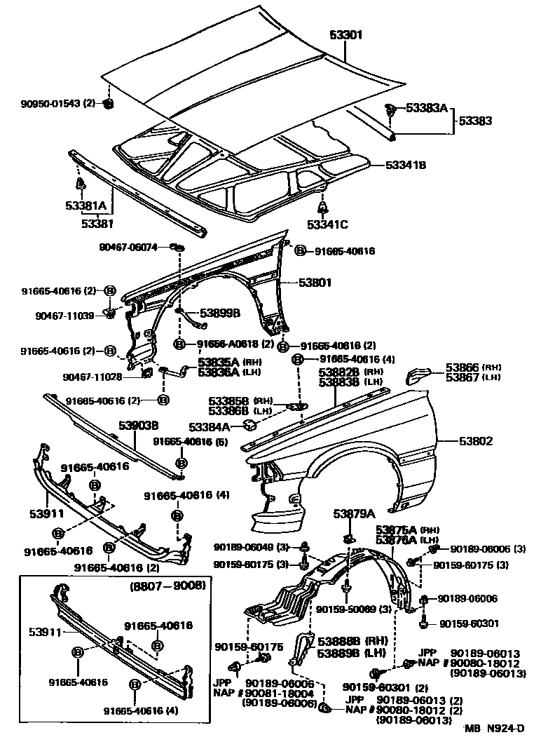Toyota CAMRY 发动机盖和前翼子板 EPC diagram — MBN924D