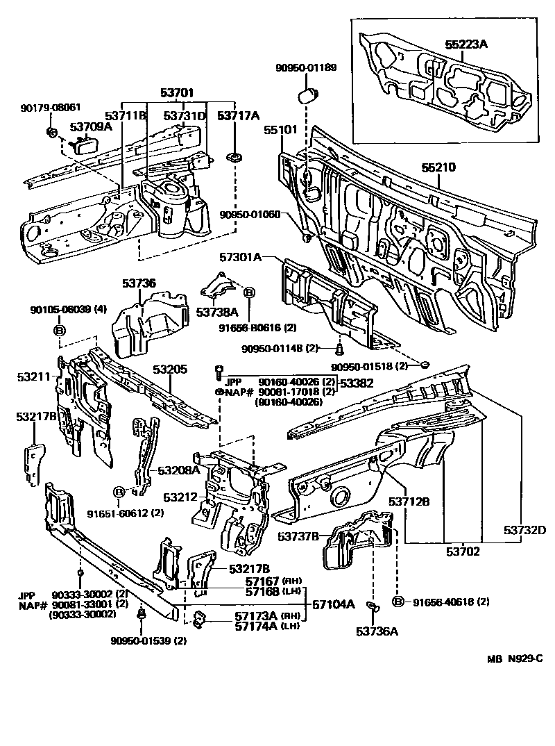 Toyota CAMRY 前翼子板挡泥板和前围板 EPC diagram — MBN929C