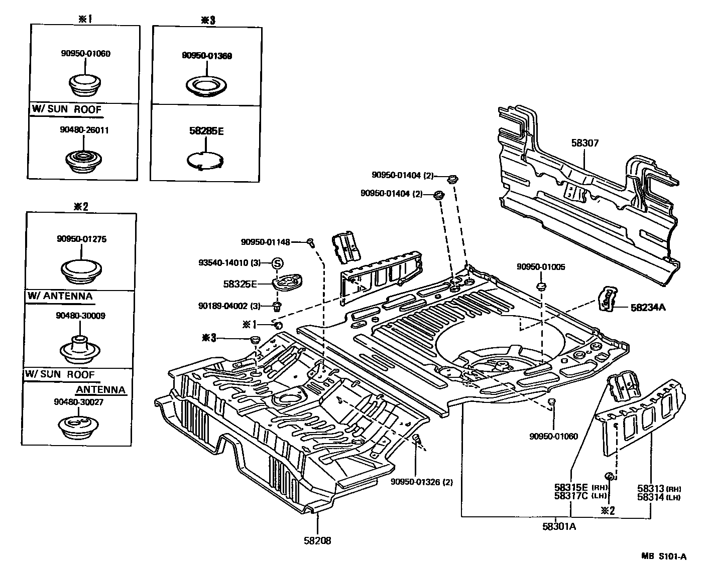 Toyota CAMRY 浅盘形地板和车身下背板 EPC diagram — MBS101A