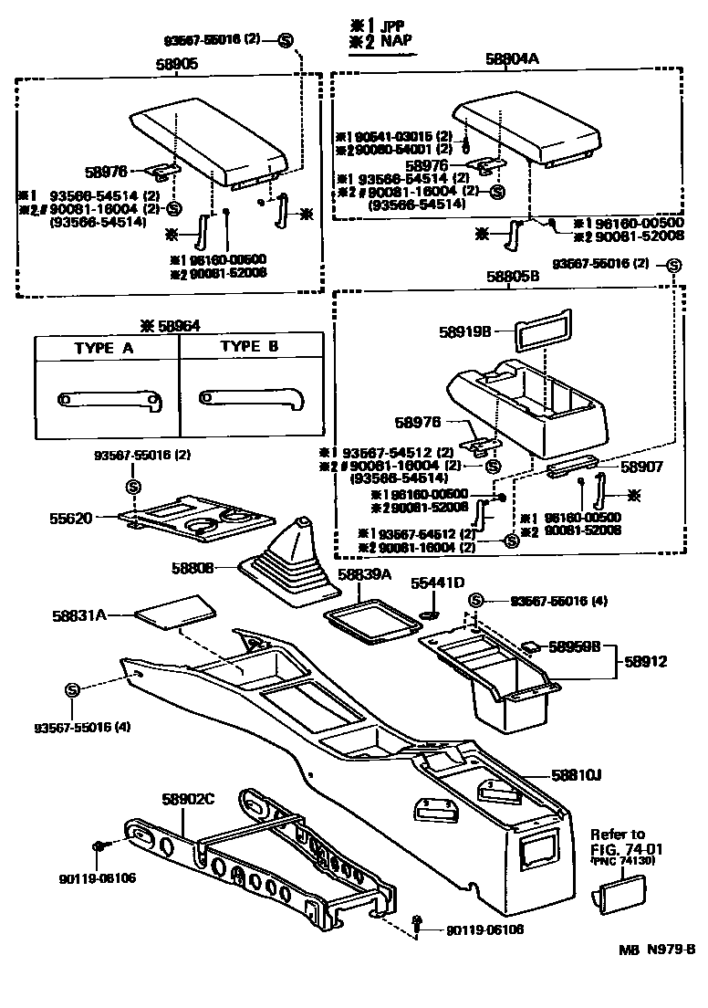 Toyota CAMRY 中央扶手箱和支架 EPC diagram — MBN979B