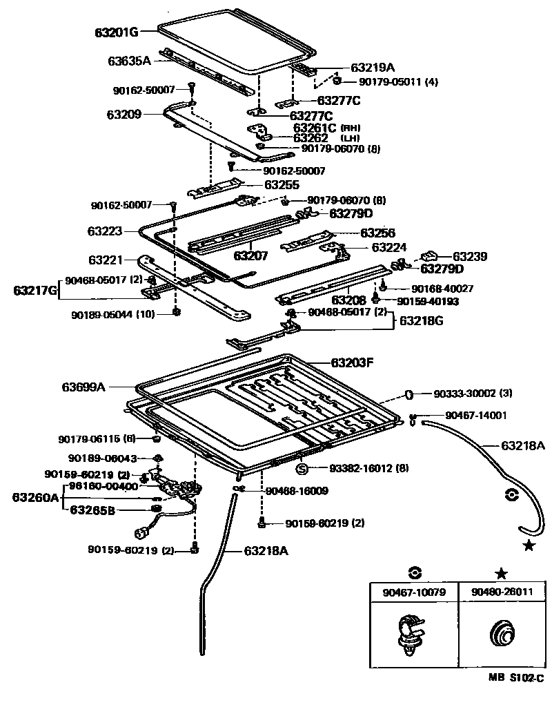 Toyota CAMRY 天窗板和背窗玻璃 EPC diagram — MBS102C