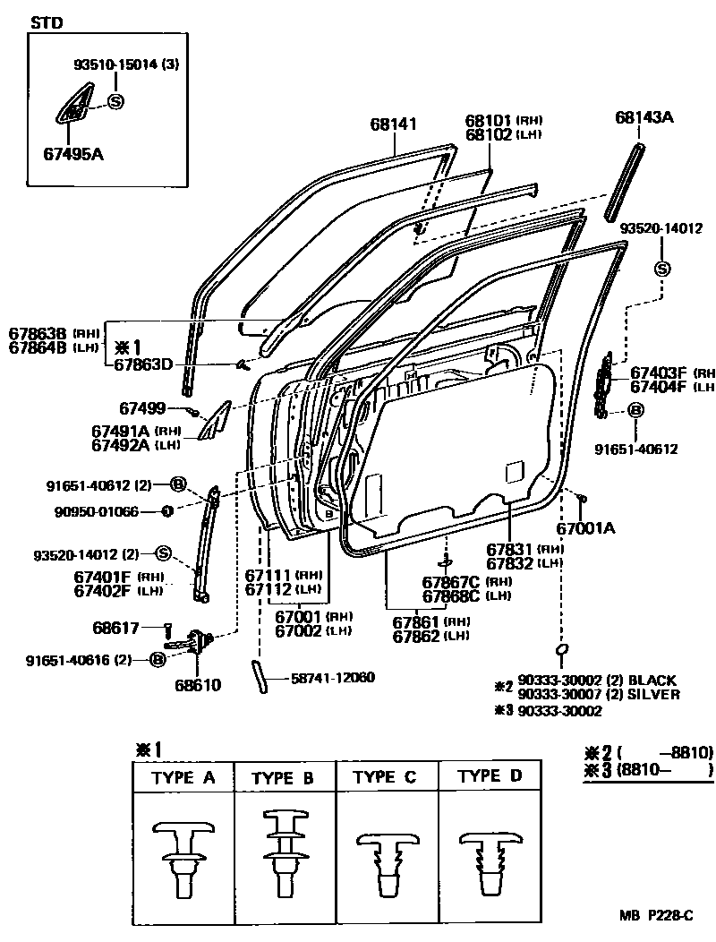 Toyota CAMRY 前门板和前门玻璃 EPC diagram — MBP228C