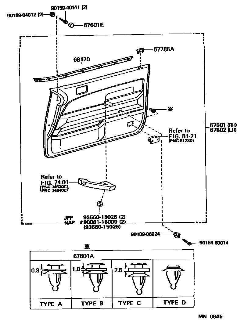 Toyota CAMRY 前门板和前门玻璃 EPC diagram — MN0945
